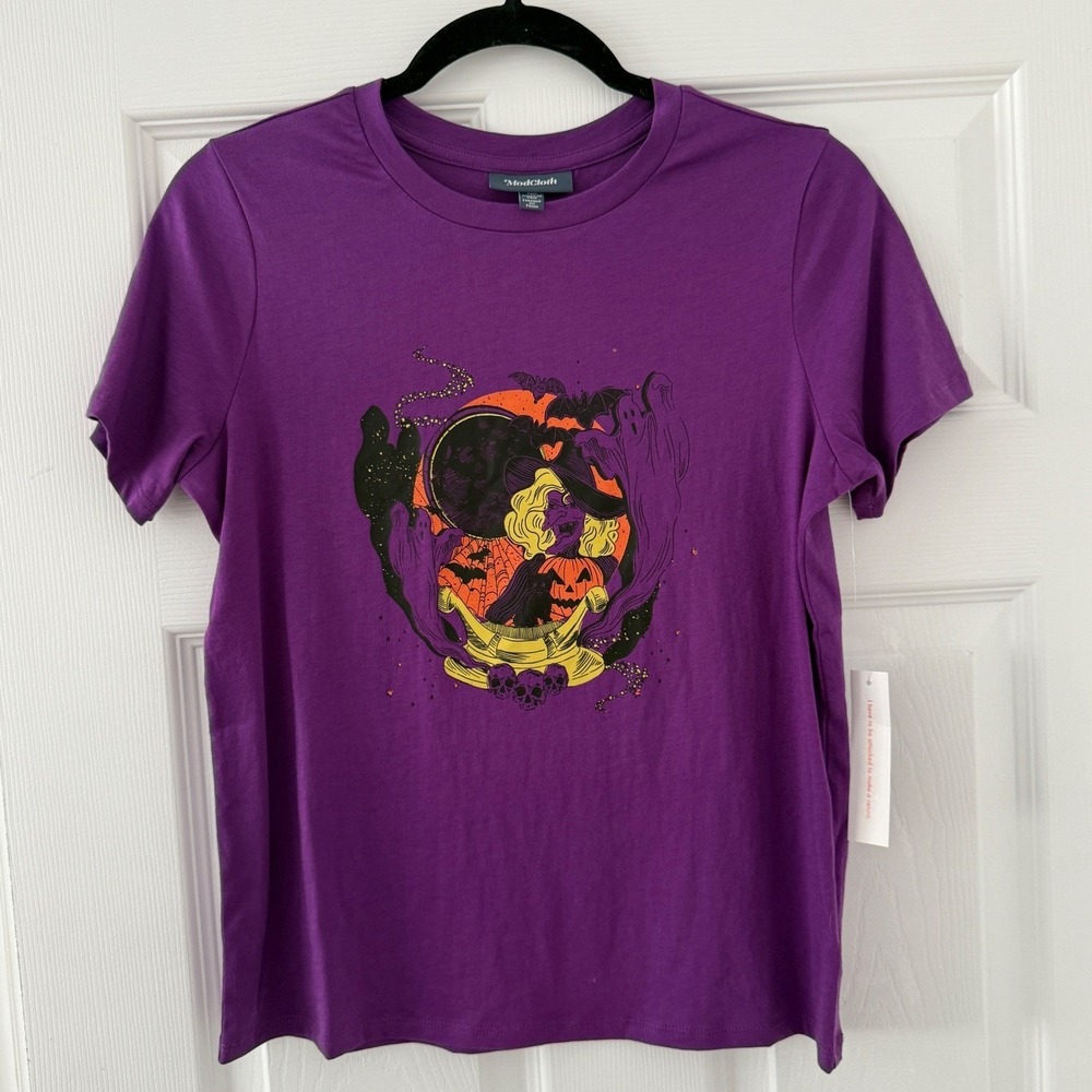 ModCloth Womens Halloween Graphic T Shirt Purple Witch Cauldron M Top Spooky Tee